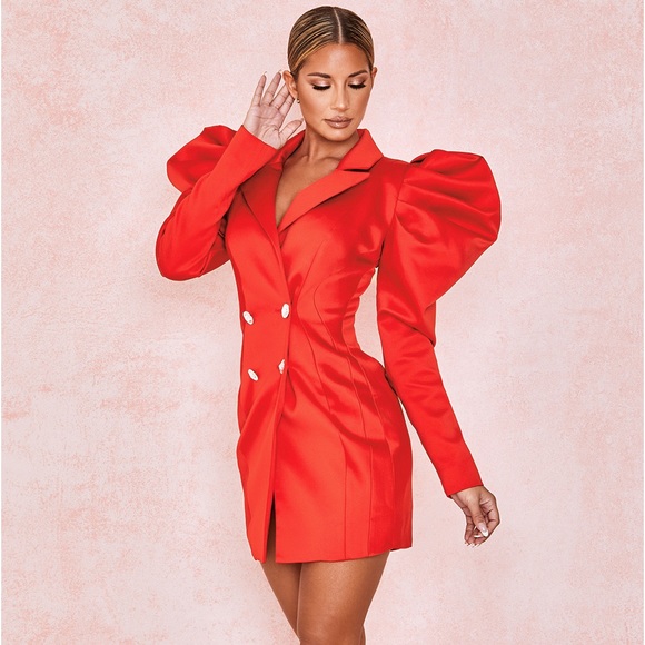 HOUSE OF CB 'Esther' Red Exaggerated Sleeve Tux Dress - Picture 2 of 13